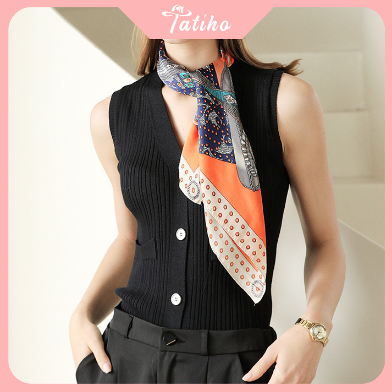 Khăn lụa vuông unisex, Khăn turban làm áo chất chiffon họa tiết yên ngựa phối viền chấm bi sang trọng 70x70cm - Mã KL056