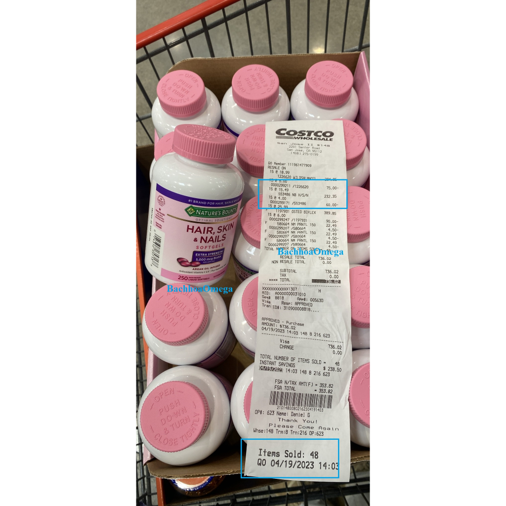 Hair skin nails 250 Viên Uống Đẹp Da, Tóc, Móng Hair Skin Nail Nature's Bounty 250v và 150v của Mỹ