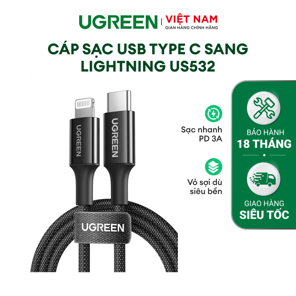 Cáp sạc USB Type C sang Lightning UGREEN US532 | Hỗ trợ dòng sạc PD 3A | Nhiều màu sắc lựa chọn | Bảo Hành 18 tháng