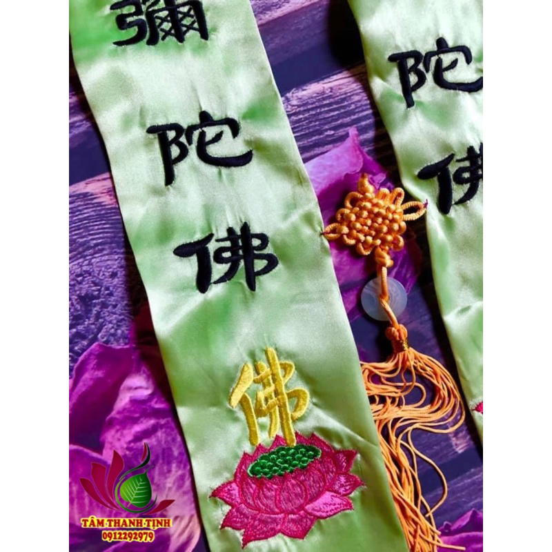 Khăn pháp, dải y đeo cổ, y đạo tràng vải lụa thêu hình sen chữ phật ( nhiều màu )