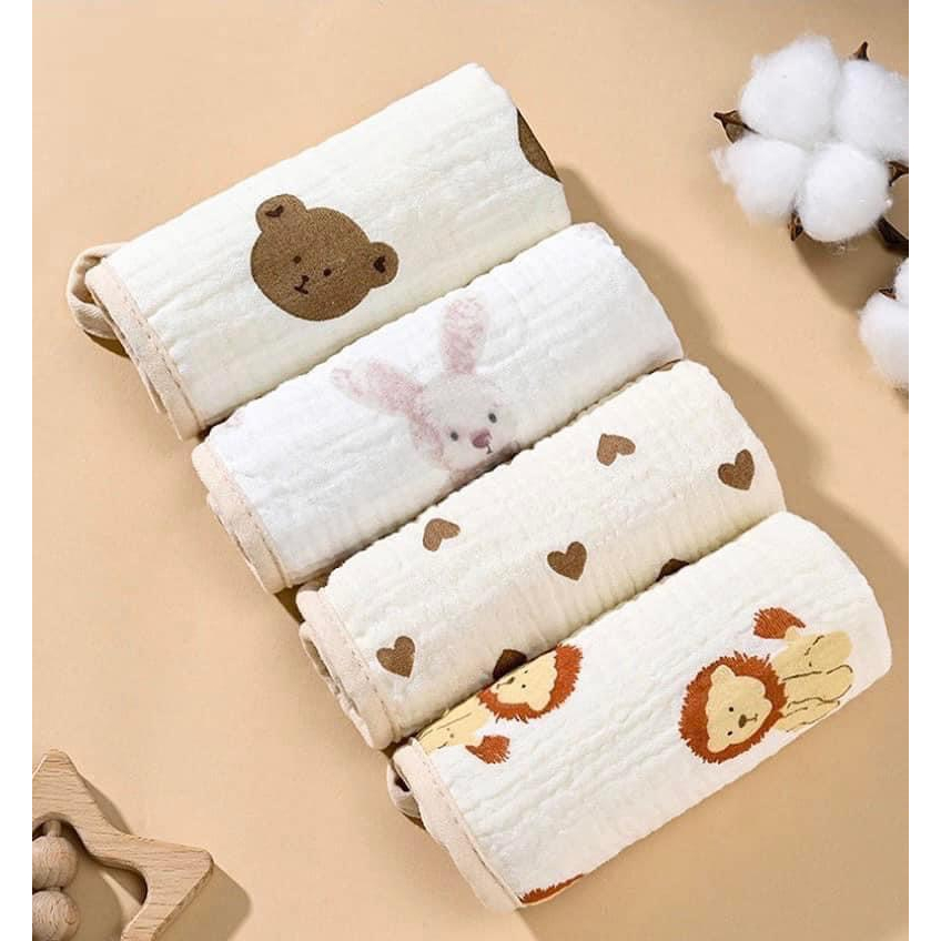 Sét 5 khăn sữa vải xô nhăn dày dặn thấm hút siêu tốt màu sắc hình in dễ thương size 25*25 TC 05