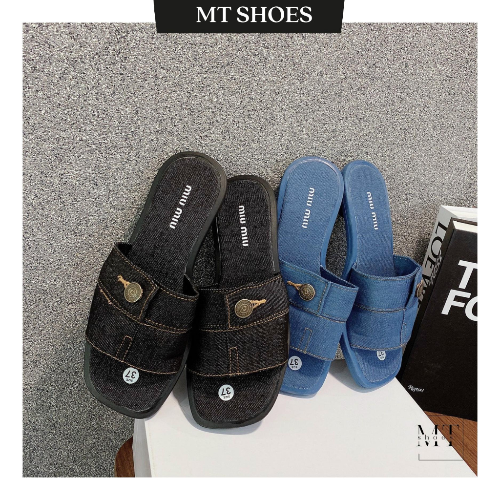 Dép lê nữ quai ngang denim phối nút mẫu mới siêu Hot form chuẩn đẹp siêu tôn chân kiểu dáng Basic Dép quai ngang nữ