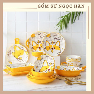 Bộ bát đĩa gốm sứ decor chó corgi vàng dễ thương, bát ăn cơm, chén ăn dặm, chén đĩa gốm sứ cao cấp