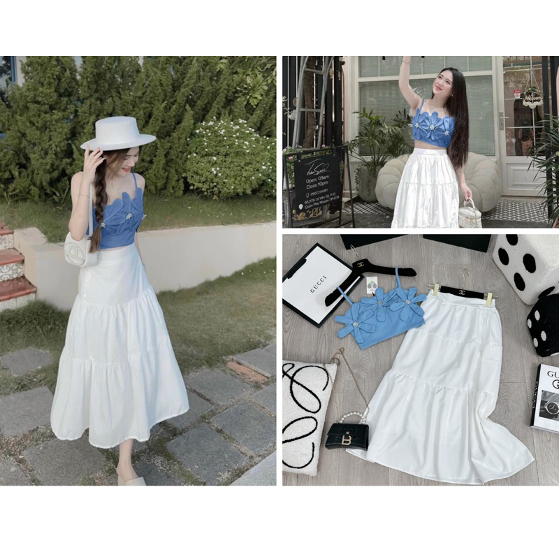 Sét áo 2 dây hoa đính ngực mix chân váy dài