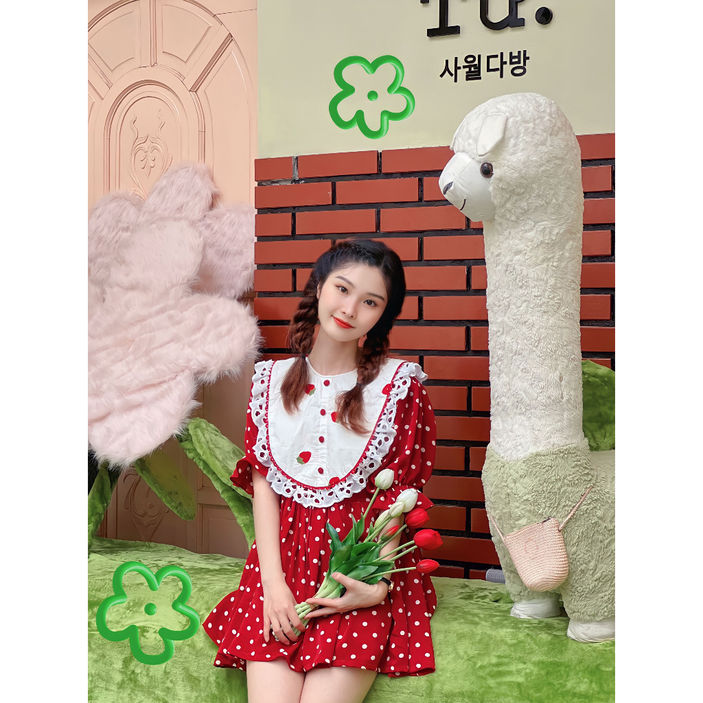 Bé Dâu Dress- Đầm mango lụa có cổ tháo rời dễ thương, đáng yêu họa tiết chấm bi và trái dâu