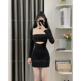 Váy body tay dài dáng ngắn cổ U kèm áo ống hở eo