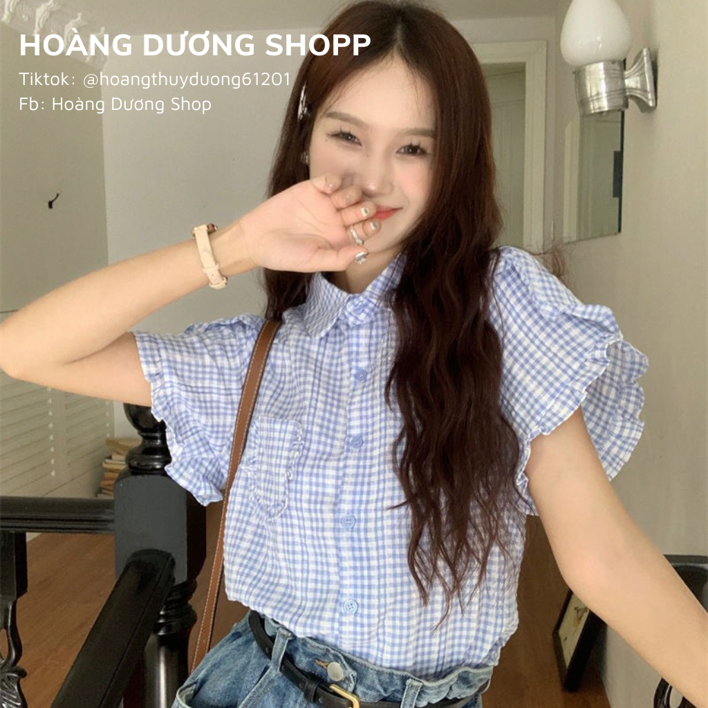 Áo Sơ Mi Tay Ngắn Họa Tiết Caro, Áo Sơ Mi Dáng Ngắn Tay Xèo Thời Trang Mùa Hè Cho Nữ 2023