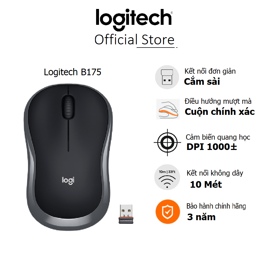 Chuột Logitech B175 Kết nối Usb 2.4Ghz, pin 1 năm, nhỏ gọn, thuận cả 2 tay, phù hợp PC/Laptop - Bảo hành 3 năm