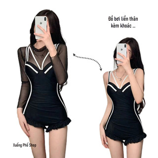 Đồ bơi, Bikini liền thân 1 mảnh viền trắng, kèm khoác #0876