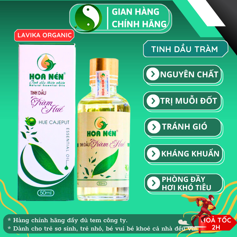 Tinh dầu tràm Huế nguyên chất Hoa Nén 50ml. Dầu tràm gió thiên nhiên nguyên chất 100%, có kiểm định chất lượng.
