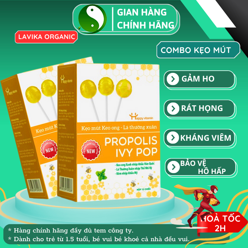 Combo Kẹo Mút Keo Ong tốt cho người bị ho viên họng khản tiếng cho bé và người lớn.Happy Vitamin - LAVIKA Organic