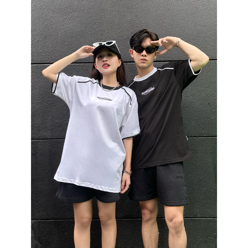 Áo Thun Unisex SAIGONESE Chạy Viền Tay Lỡ Nam Nữ Form Rộng / Trắng Lines Đen
