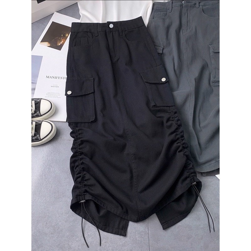 Chân váy kaki túi hộp rút sườn Hottrend, Chân váy dáng dài phối túi hộp rút sườn siêu hot