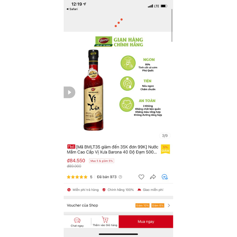 Nước Mắm Cao Cấp Vị Xưa Barona 40 Độ Đạm 500ml