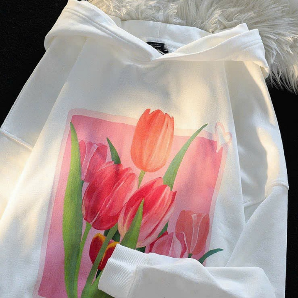 Áo Hoodie In Nổi Bông Hoa Tulip Cặp Đôi Nam Nữ - Hàn Quốc Đẹp - Áo Khoác Nỉ Có Nón Mũ Rộng 2 Lớp Unisex