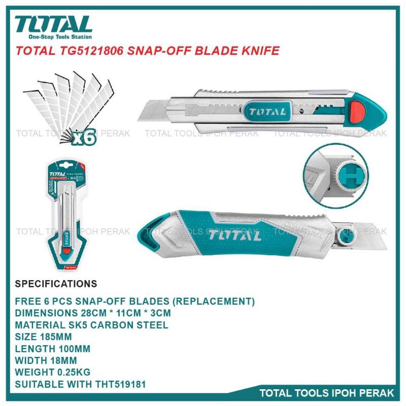 Dao rọc giấy thân nhôm thay lưỡi tự động (kèm 6 lưỡi) TOTAL TG5121806