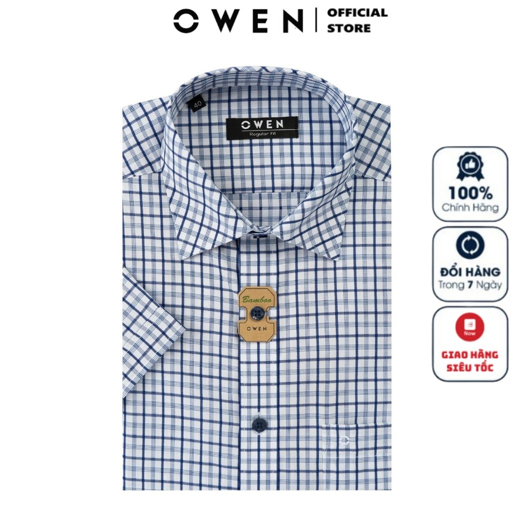 Áo sơ mi nam ngắn tay OWEN AR230080NT somi cộc công sở cao cấp vải sợi tre dáng suông tà lượn có túi màu trắng kẻ navy