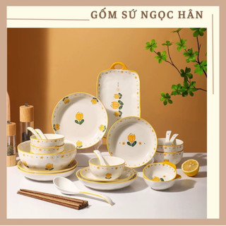 Bộ bát đĩa sứ họa tiết hoa tulip vàng, bát ăn cơm, chén đĩa sứ decor cao cấp