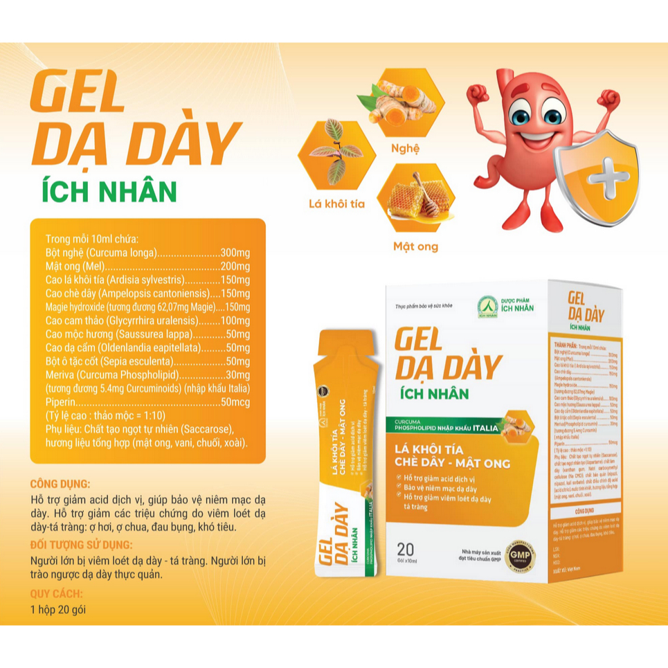 Gel dạ dày Ích Nhân hỗ trợ giảm các triệu chứng do viêm loét dạ dày, bảo vệ niêm mạc dạ dày hộp 20 gói