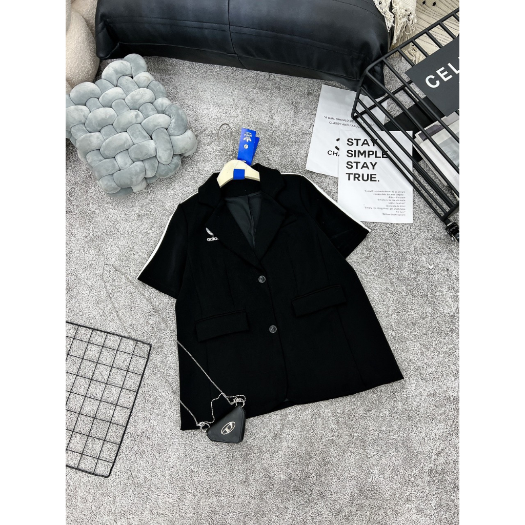 Áo Khoác Vest Cộc Tay Thêu Logo Das 2 Lớp Phối Viền Sọc Trắng 2 Túi Trước Áo Nữ Cổ Bẻ Freesize S302