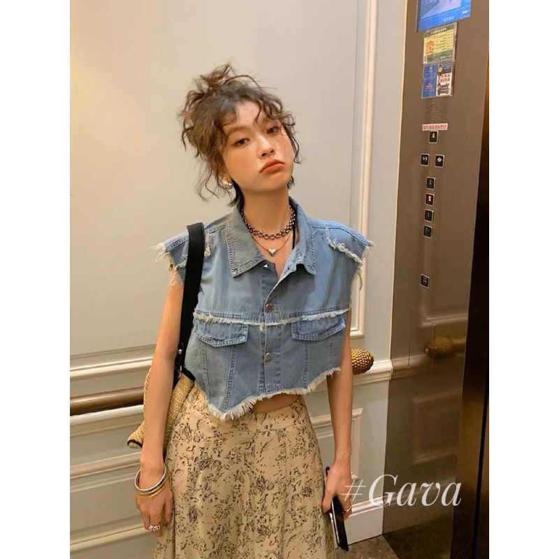ÁO GILE JEAN CROPTOP XANH NHẠT TUA RUA HOT