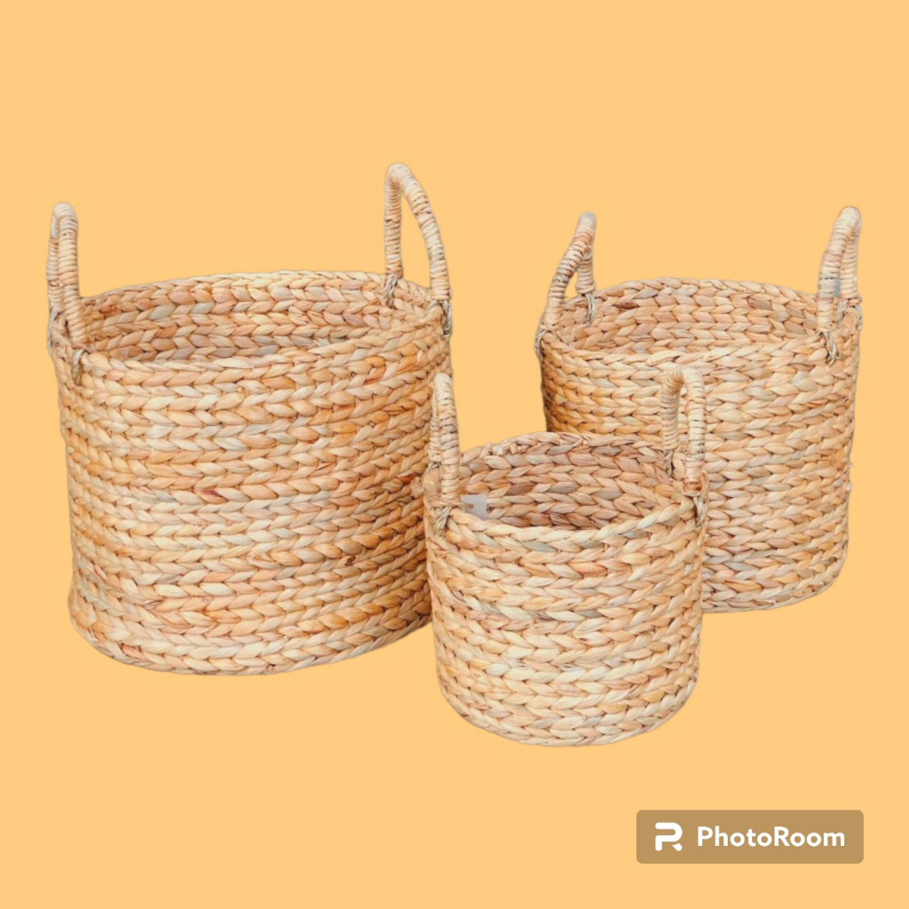Giỏ sọt tròn lục bình có quai trang trí vintage