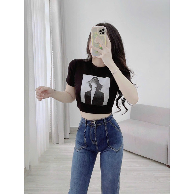 (HÌNH THẬT) áo thun ôm crotop hoạ tiết cô gái ( hình thật shop Thảo Nhỏ Store chụp)