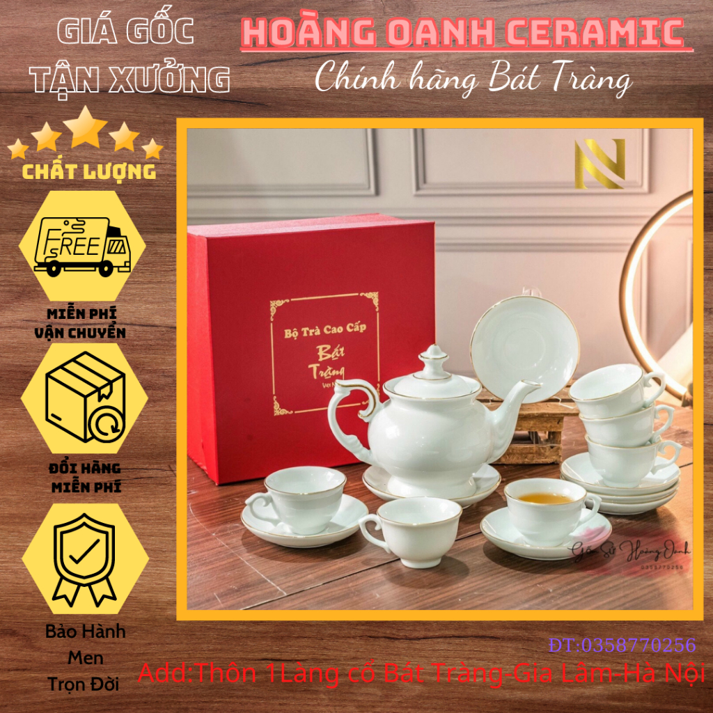 (CHỌN MẪU)Bộ ấm chén / bộ ấm trà-gốm sứ Bát Tràng kẻ chỉ vàng kim(nhận in logo,in chữ số lượng lớn)