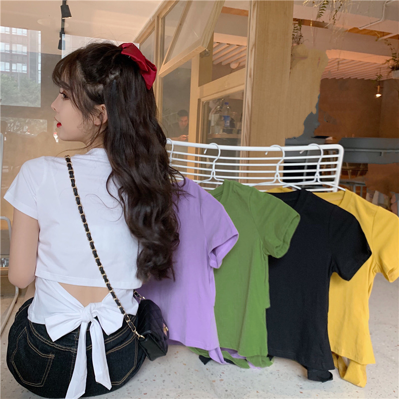 Áo baby tee ôm body dáng ngắn croptop cổ tròn thắt nơ sau lưng chất cotton Quảng Châu phong cách Hàn Quốc 1993 Boutique