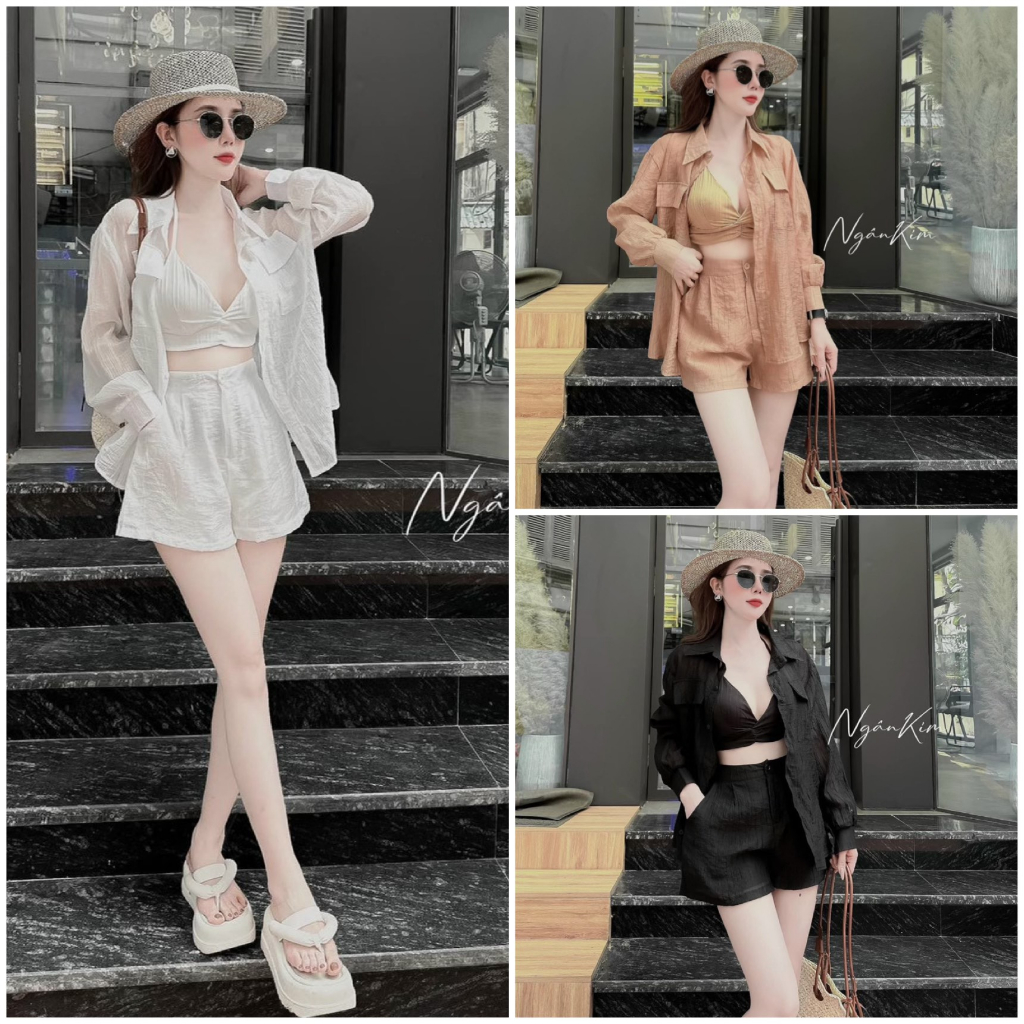 Set đồ bộ nữ áo bra hai dây mix quần đùi kèm áo khoác sơ mi ngoài với các tone màu trầm dành cho các nàng đi biển xinh.