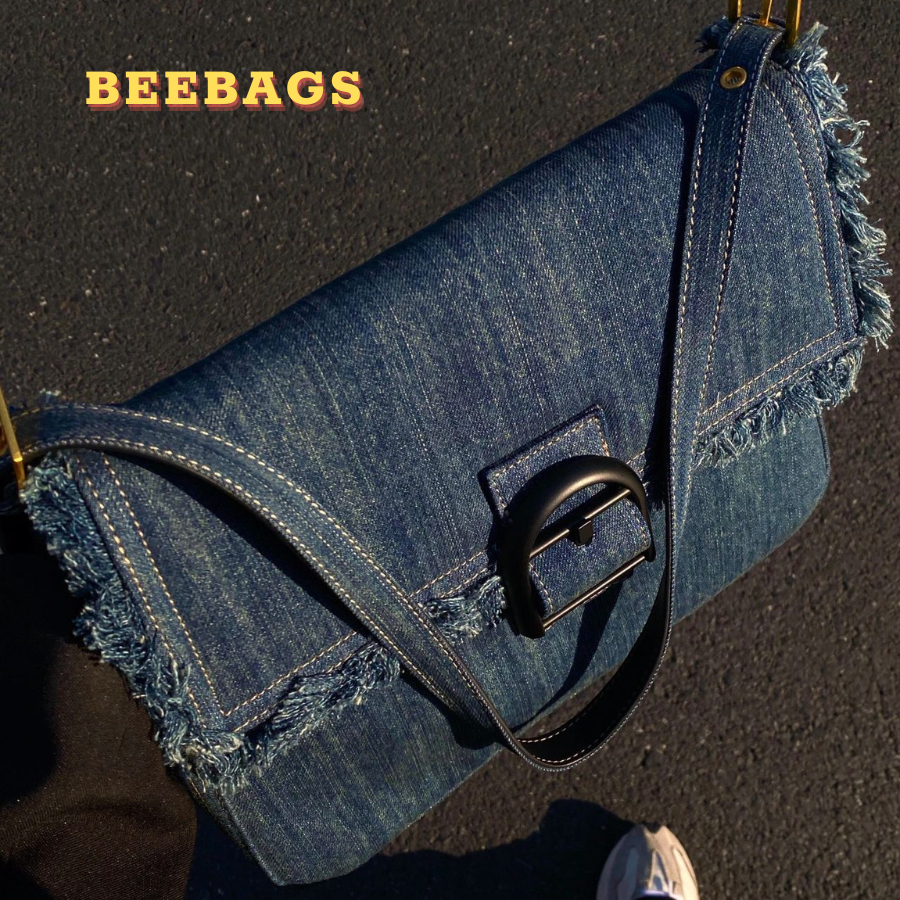 Túi Denim Tua Rua Đeo Vai Đeo Chéo Có Khóa Zip Đi Học, Đi Chơi | TX170 | Túi Đeo Vai Xanh Jeans Đựng Nhiều Đồ Phong Cách