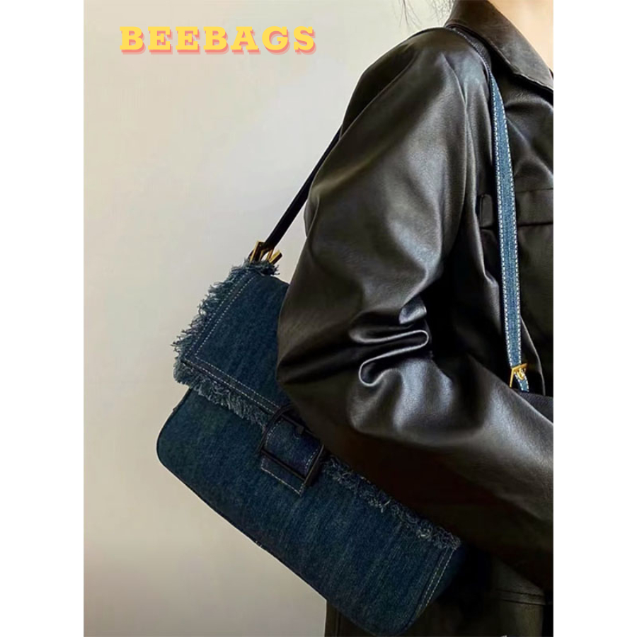 Túi Denim Tua Rua Đeo Vai Đeo Chéo Có Khóa Zip Đi Học, Đi Chơi | TX170 | Túi Đeo Vai Xanh Jeans Đựng Nhiều Đồ Phong Cách