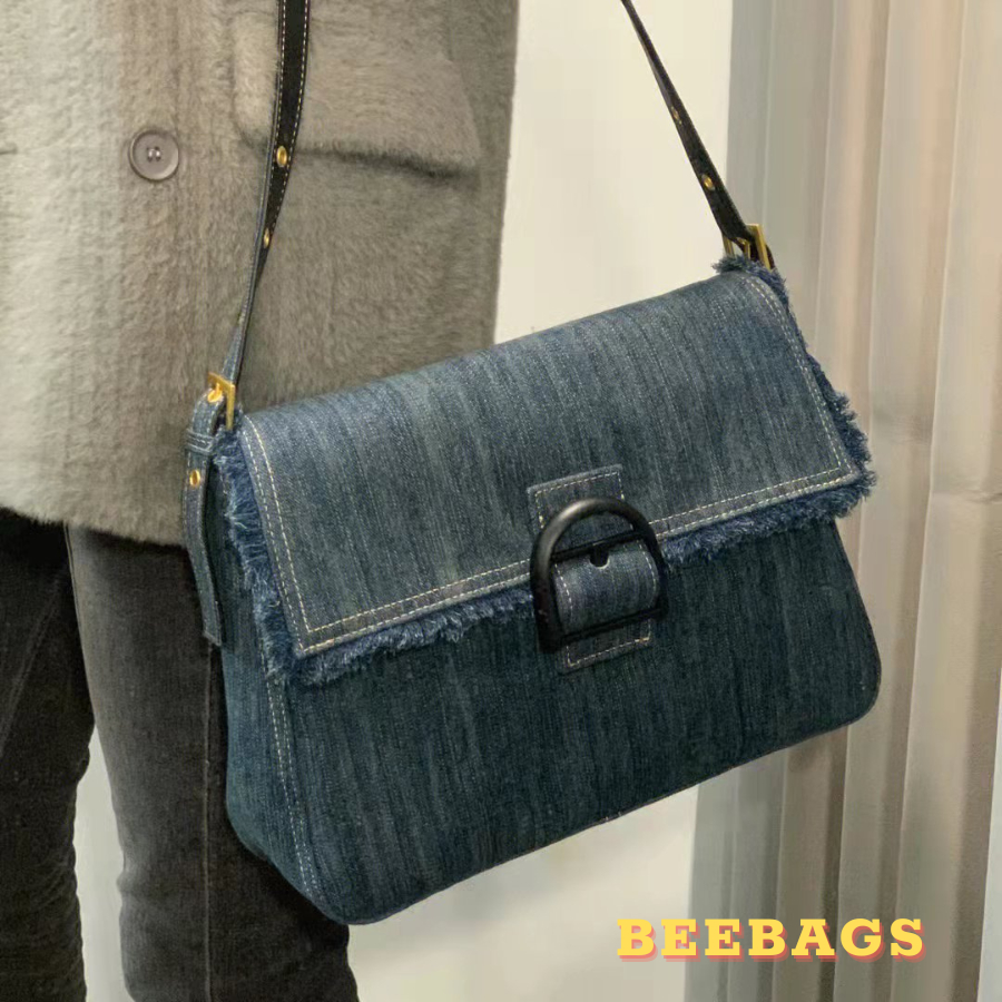 Túi Denim Tua Rua Đeo Vai Đeo Chéo Có Khóa Zip Đi Học, Đi Chơi | TX170 | Túi Đeo Vai Xanh Jeans Đựng Nhiều Đồ Phong Cách