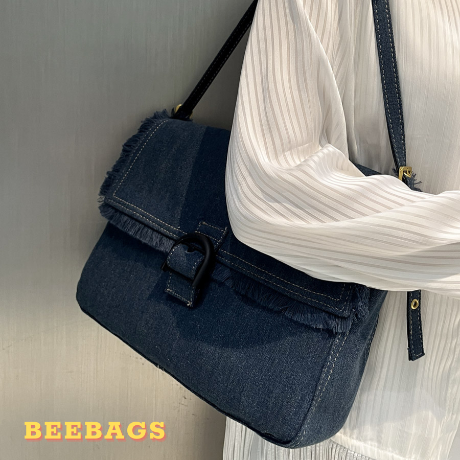 Túi Denim Tua Rua Đeo Vai Đeo Chéo Có Khóa Zip Đi Học, Đi Chơi | TX170 | Túi Đeo Vai Xanh Jeans Đựng Nhiều Đồ Phong Cách