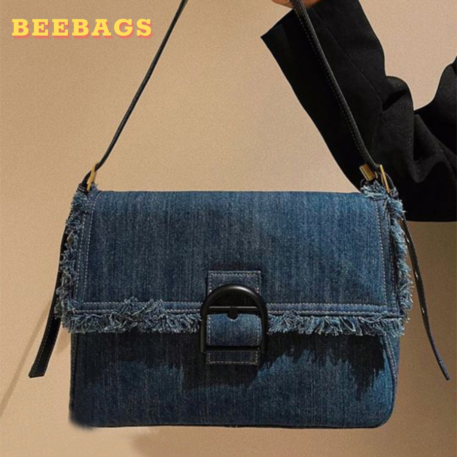 Túi Denim Tua Rua Đeo Vai Đeo Chéo Có Khóa Zip Đi Học, Đi Chơi | TX170 | Túi Đeo Vai Xanh Jeans Đựng Nhiều Đồ Phong Cách