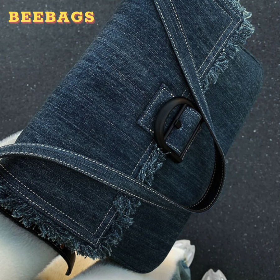 Túi Denim Tua Rua Đeo Vai Đeo Chéo Có Khóa Zip Đi Học, Đi Chơi | TX170 | Túi Đeo Vai Xanh Jeans Đựng Nhiều Đồ Phong Cách