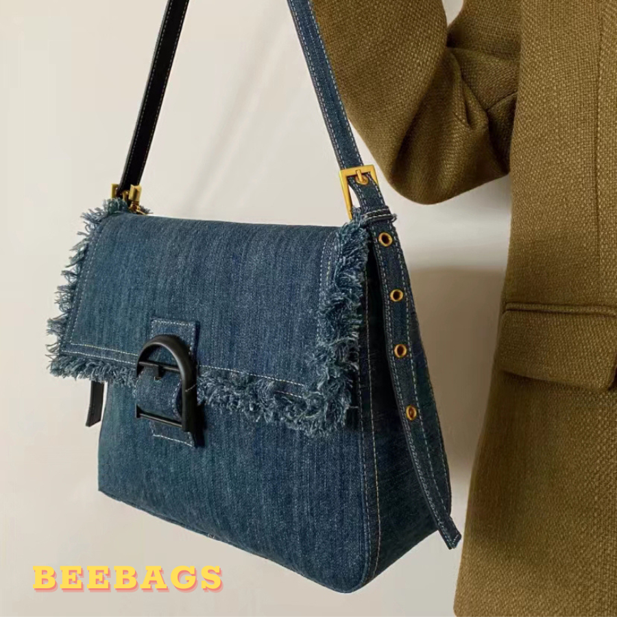 Túi Denim Tua Rua Đeo Vai Đeo Chéo Có Khóa Zip Đi Học, Đi Chơi | TX170 | Túi Đeo Vai Xanh Jeans Đựng Nhiều Đồ Phong Cách