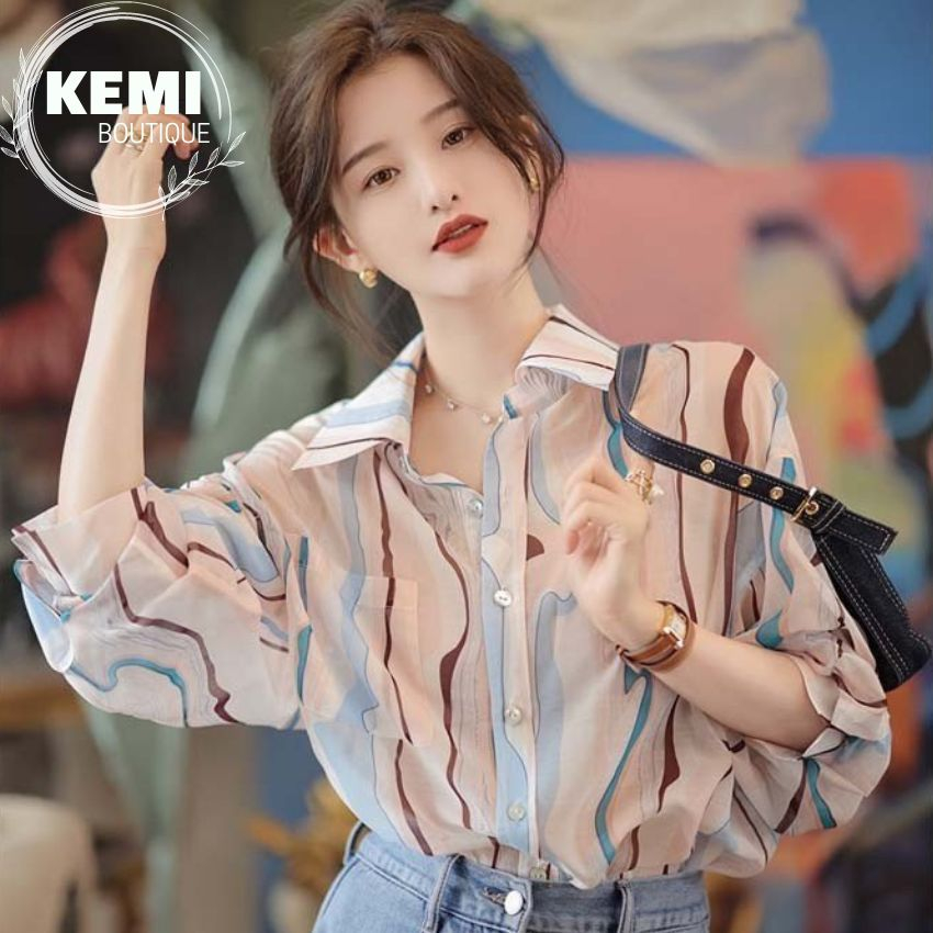 Áo sơ mi nữ tay dài, dáng rộng họa tiết sọc lượn sóng nước thiết kế sang trọng Hàn Quốc 2023 - Kemi