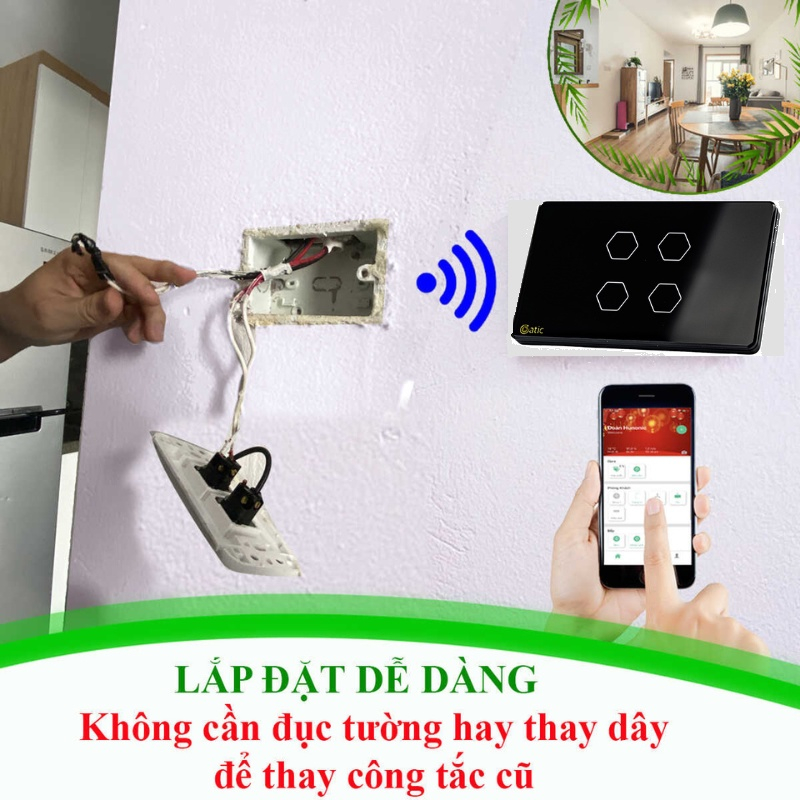 Công tắc cảm ứng Hunonic Datic 2 Nút + Ổ kết nối Wifi điều khiển mọi thiết bị từ xa qua điện thoại, 2 màu trắng và đen