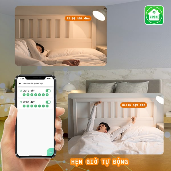 Công tắc cảm ứng Hunonic Datic 2 Nút + Ổ kết nối Wifi điều khiển mọi thiết bị từ xa qua điện thoại, 2 màu trắng và đen