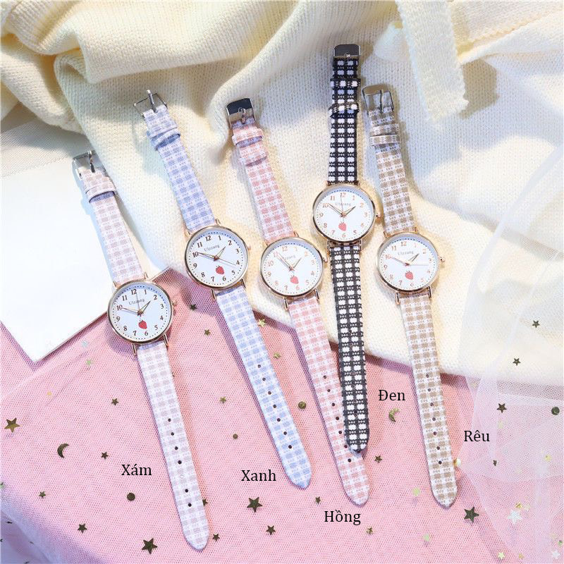 Đồng hồ nữ Ulzzang UL36 thời trang họa tiết trái dâu xinh xắn dây sọc caro tuyệt đẹp mặt số dể dàng xem giờ