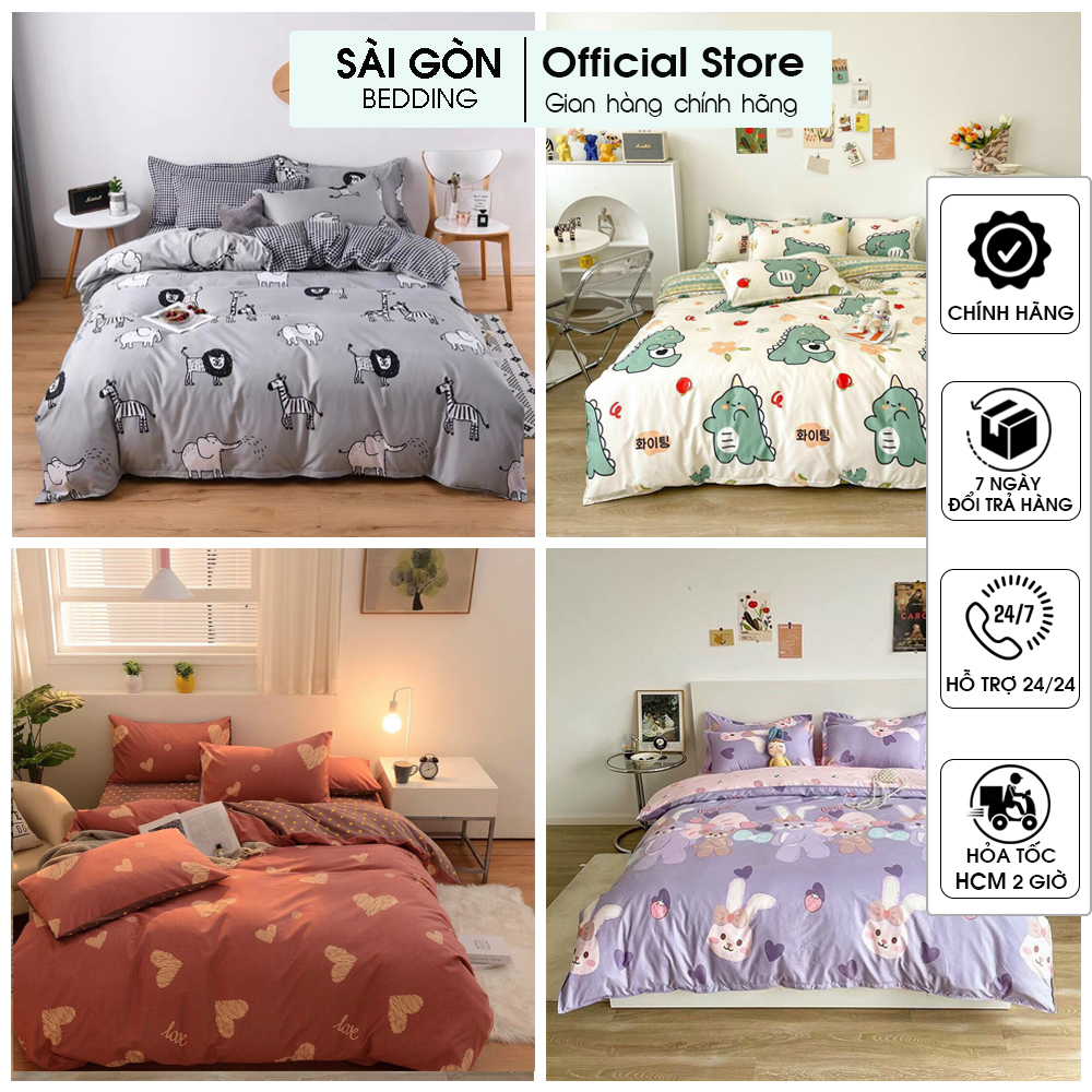 Bộ chăn ga gối 5 món - chăn chần bông, coton poly Sài Gòn Bedding, đủ size miễn phí bo chun M4,M6,M8