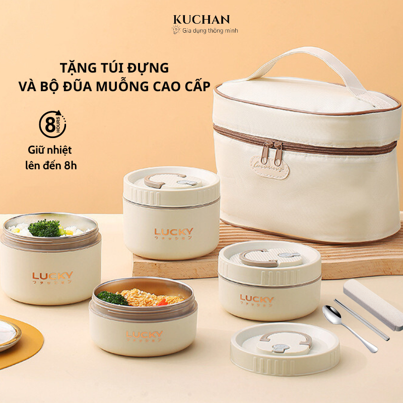 Hộp cơm văn phòng Kuchan Hộp cơm giữ nhiệt inox Tặng Túi đựng cơm và Bộ Đũa Muỗng cao cấp