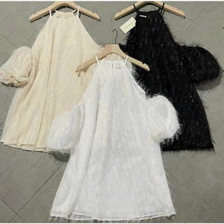 Váy babydoll trễ vai thời trang nữ mặc đi chơi cổ tròn cài nút sau tay búp chất vải Lông Vũ 2lớp y hình,