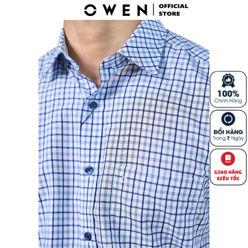 Áo sơ mi nam ngắn tay OWEN AR230080NT somi cộc công sở cao cấp vải sợi tre dáng suông tà lượn có túi màu trắng kẻ navy