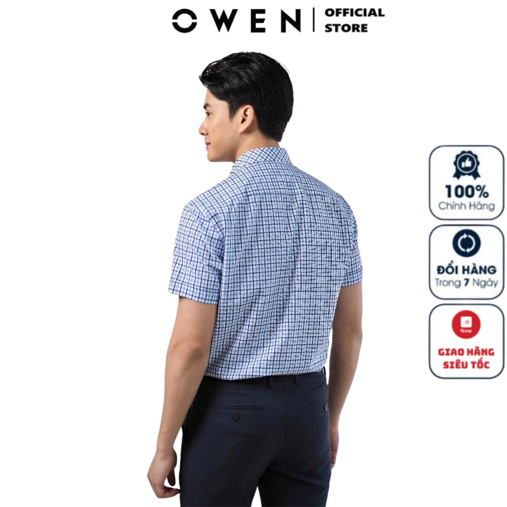 Áo sơ mi nam ngắn tay OWEN AR230080NT somi cộc công sở cao cấp vải sợi tre dáng suông tà lượn có túi màu trắng kẻ navy