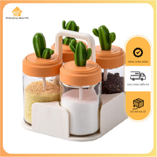 Set 4 Lọ đựng gia vị thủy tinh xương rồng cao cấp, hũ bột canh kèm muỗng thìa đẹp