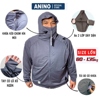 Áo chống nắng nam big size vải Hạt Gạo Kim Cương Thông Hơi Túi Khóa Kéo Mũ Trùm Kín Mặt Chống Tia UV cho người 80-120kg
