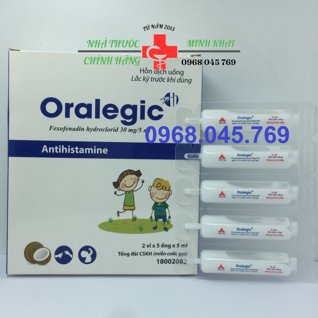 Ống uống Oralegic hộp 10 ống - chỉ định viêm mũi dị ứng và mày đay ở người lớn và trẻ em trên 2 tuổi