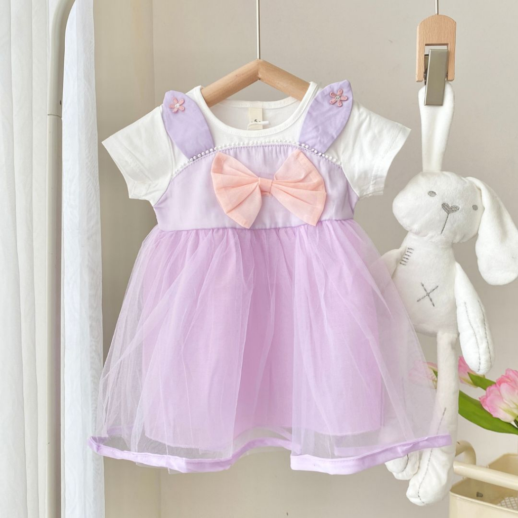 Đầm ren xòe công chúa tai thỏ nơ cho bé gái, váy phồng em bé nhiều tầng xinh xắn màu hồng, tím pastel nhẹ nhàng đáng yêu
